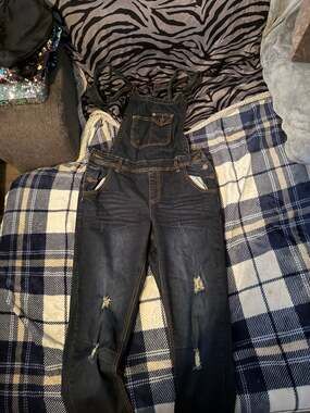 YDX Juniors Distressed Skinny Denim Overalls in Dark Wash